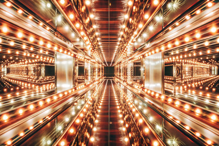 Reflective tunnel, golden lights, mirrored corridor, glowing ambianceの素材