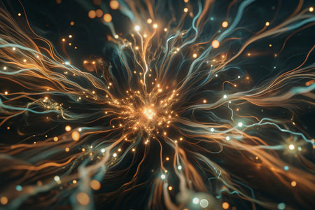 Abstract swirling glowing lines in dark spaceの素材