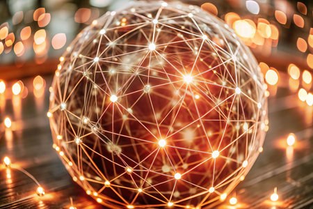 Illuminated network sphere on wooden surface with bokeh lightsの素材