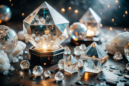 Crystal display, illuminated gem, dark wood, bokeh background, for spiritual or decor useの素材