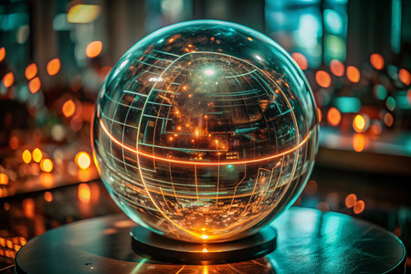 Crystal ball, futuristic design, glowing lines, illuminated city backgroundの素材
