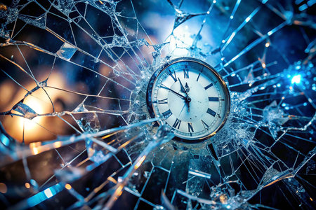 Shattered clock, time, broken glass, dramatic backgroundの素材