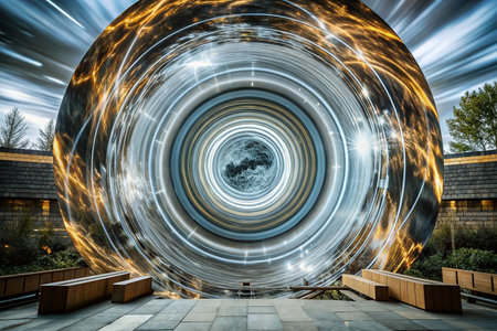 Circular portal, light trails, outdoor park, futuristic sceneの素材