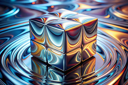 Metallic cube on swirling liquid, vibrant colors, reflective surfaceの素材