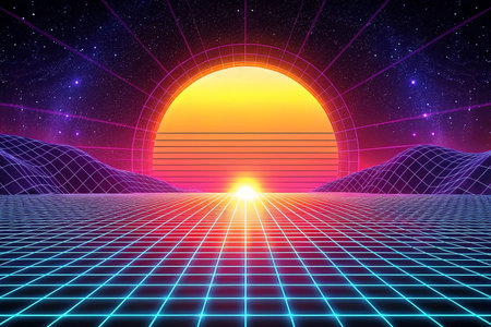 Retro Sunrise Grid Landscape, Cosmic Horizonの素材