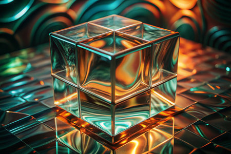 Glass cube on metallic surface, vibrant backdropの素材
