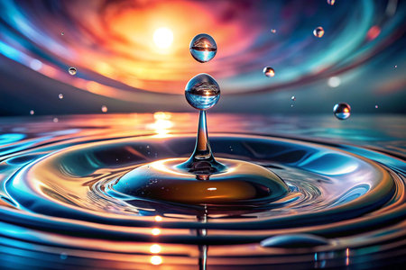 Water Drop Impact, Colorful Sunset, Ripples, Reflectionの素材