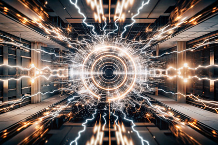 Abstract energy tunnel, futuristic,  glowing circle, mirrored wallsの素材