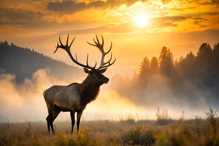 Majestic Elk at Sunrise in Misty Mountainsの素材