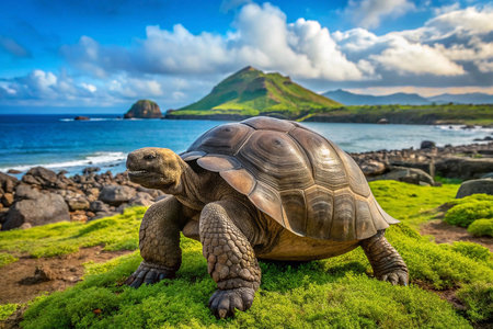 Galapagos Tortoise on Beach, Island Landscapeの素材