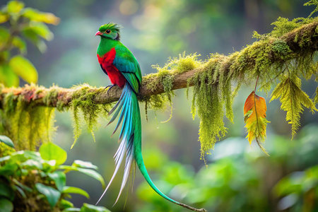 Colorful Quetzal on mossy branch in lush rainforestの素材