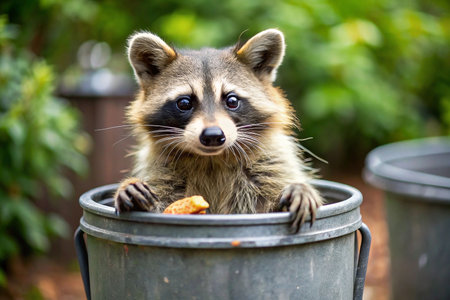 Raccoon in trash can, searching for food, park background.  Possible use wildlife, nature, cute animalsの素材