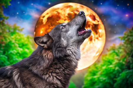 Wolf howls at full blood moon, forest nightの素材