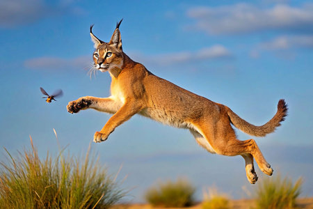 Caracal leaping for insect, open sky, savanna backgroundの素材