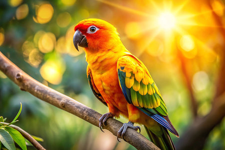 Colorful parrot perched on branch, sunny jungle background.  Possible use nature, wildlife, exotic birdsの素材