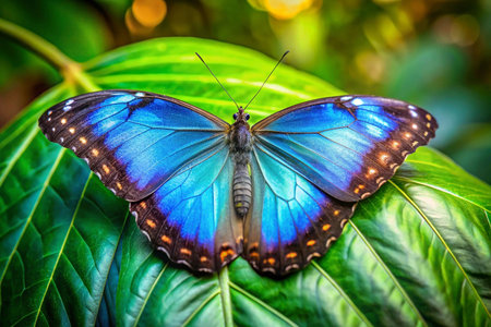 Vibrant blue morpho butterfly on lush green leaf, tropical garden backgroundの素材