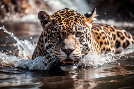 Jaguar in water, splashing, jungle waterfall background.  Wildlife nature photographyの素材