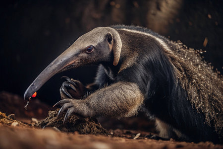 Anteater foraging in dark forest enclosureの素材