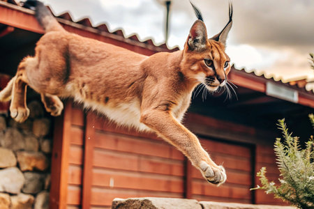 Caracal jumping over a stone wall at a wildlife parkの素材