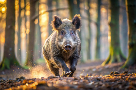 Wild boar running through autumn forestの素材
