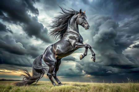 Black stallion rearing against dramatic skyの素材