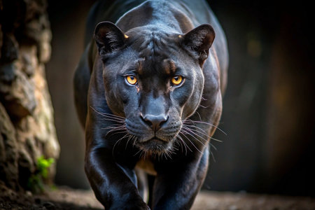 Black Panther, intense gaze, cave entrance, wildlife portraitの素材