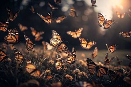 Monarch Butterflies Flitting Over Meadow at Duskの素材