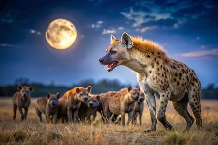 Hyena pack at night under full moon, savannaの素材