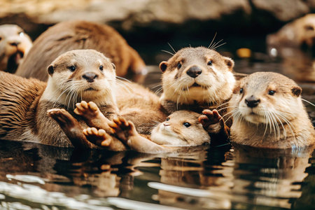 Playful otters in water, zoo enclosure,  background rocks.  Suitable for wildlife, animal, nature, or zoo publicationsの素材