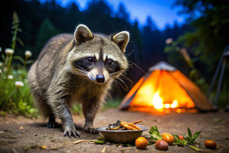 Raccoon at campfire, exploring campsite at duskの素材