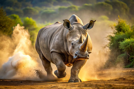 Majestic white rhino running through African savanna dustの素材