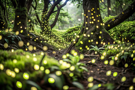 Enchanting Firefly Path in Lush Forestの素材