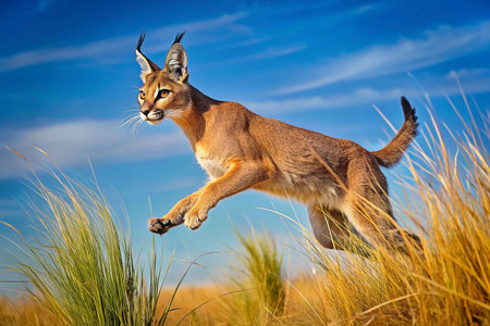 Caracal leaps through tall grass; vibrant skyの素材
