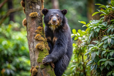 Asian black bear climbs mossy tree in lush forestの素材