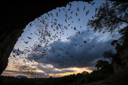 Bats emerge from cave at sunsetの素材