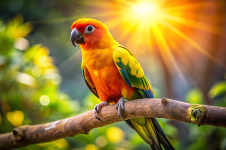 Colorful parrot perched on branch, sunny jungle backgroundの素材