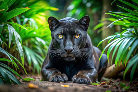 Black Panther in Jungle, Serene Gaze, Lush Surroundingsの素材