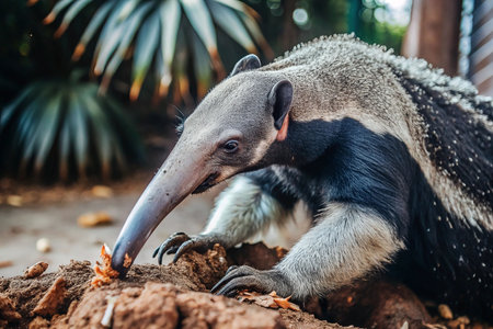 Anteater in zoo digging in dirt, lush backgroundの素材