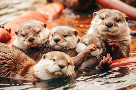 Otter family playing in enclosure waterの素材