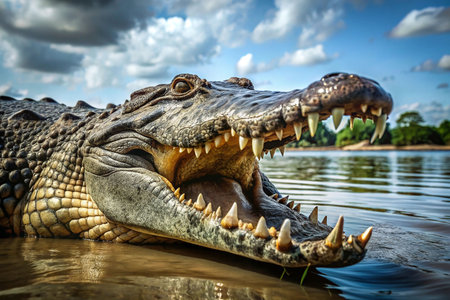 Croc&#39;s open mouth, riverbank, cloudy sky, wildlifeの素材