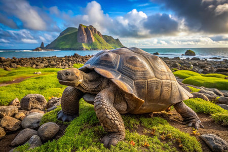 Galapagos Tortoise on Volcanic Island, Ocean Viewの素材