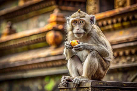 Monkey eating fruit in ancient templeの素材