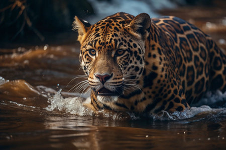 Jaguar wading in shallow river, jungle backgroundの素材