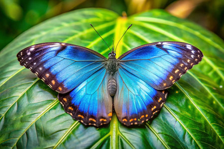 Vibrant blue butterfly on large leaf, lush jungle backgroundの素材