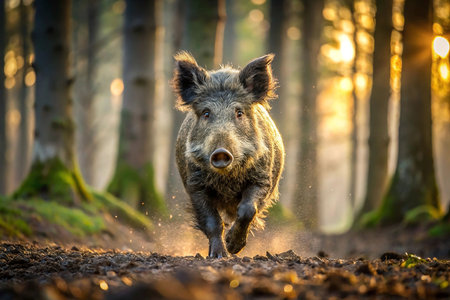 Wild boar running through sunlit forest pathの素材
