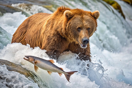 Alaskan brown bear catches salmon in rapidsの素材