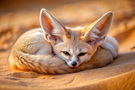Desert Fox Cub Resting in Golden Sand Dunesの素材