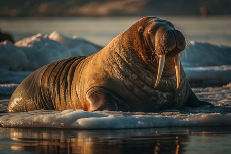 Walrus rests on icy Arctic shoreline at sunsetの素材