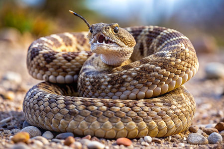 Rattlesnake coiled, aggressive, desert, blurred backgroundの素材