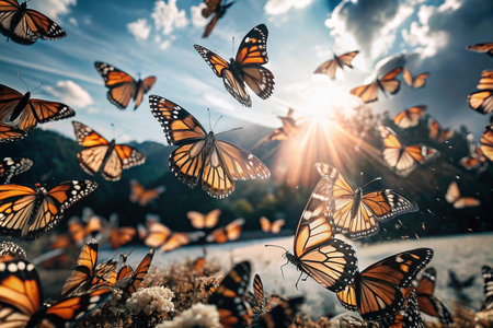Monarch Butterflies Flying Over Mountain River at Sunriseの素材